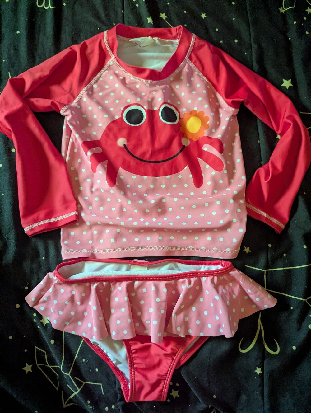 Girls Swimsuit UV Long Sleeve 2 Piece Crab Red Pink Ruffles